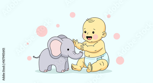 Playful Infant Interacting Merrily With a Miniature Elephant, Adorably Depicted in Illustration