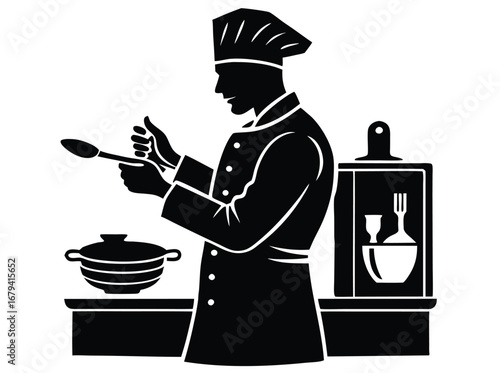 Silhouette of a chef cooking in a kitchen