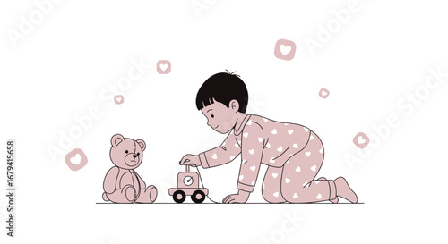 Playful Infant Interacting With Toy And Plushie, A Heartfelt Visual Concept.