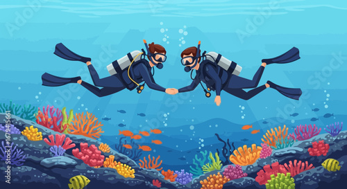 Scuba Divers Holding Hands Exploring Lively Reef Underwater World Together