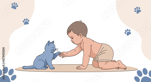 Playful Infant With Cat, Reaching Hand, Adorable Friendship, Cute Paw Prints Illustration