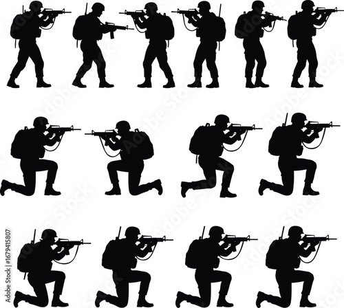 A collection of military silhouettes holding a rifle in different stances, for army and defense-related projects.