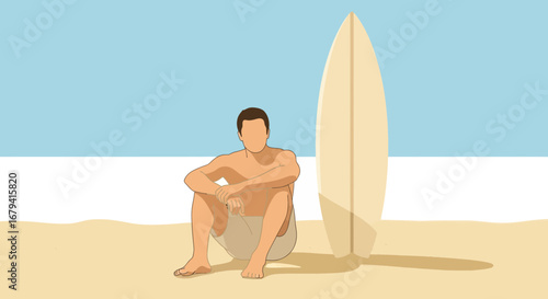 Serene Beach Scene Depicting a Relaxed Individual Alongside a Surfboard