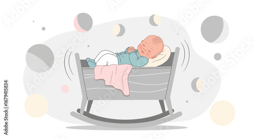 Serene Baby Lying Peacefully Asleep In a Rocking Cradle, Gentle Illustration
