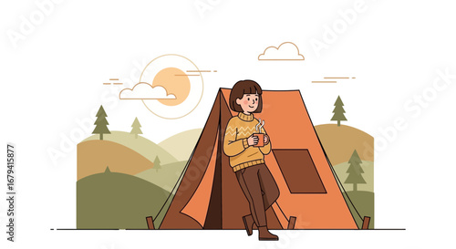 Serene Campfire Scene: A Person Absorbed in Relaxation While Drinking Hot Beverages and Enjoying