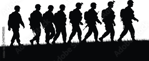 A black and white silhouette of a military squad marching in a line on patrol.