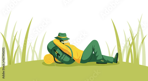 Serene Hiker Resting Amidst Tall Grass, Enjoying Tranquility and Solitude Outdoors