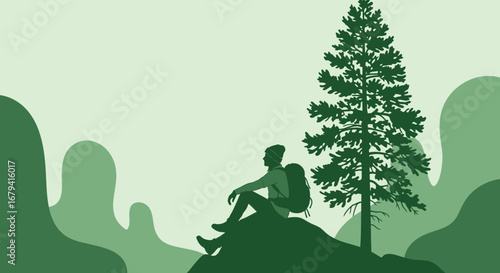 Serene Hiker Enjoying a Moment's Rest in Nature's Embrace Amidst Lush Greenery Scene