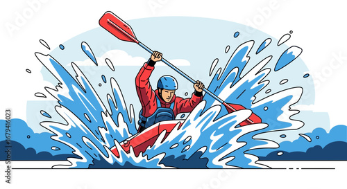 Vibrant Illustration Of a Kayaker Navigating Turbulent Waters With Dynamic Blue Splashes