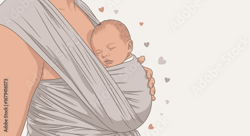 Serene Illustration of a Mother Holding a Sleeping Baby in a Wrap Sling, Lovely Design