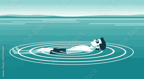 Serene Illustration of a Person Relaxing While Floating on Water with Tranquil Waves