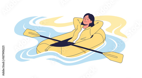 Serene Lady Relaxing on a Yellow Raft With Paddle in Tranquil Waters