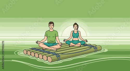 Serene Meditation On Raft: Contemplative Calmness and Inner Peace Through Yoga Practice