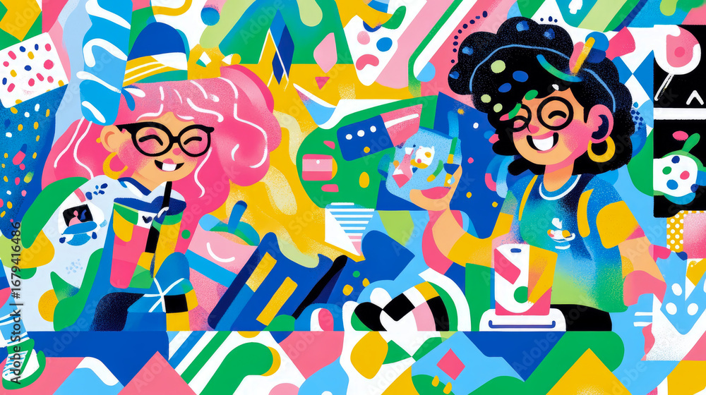 Fototapeta premium Lively digital illustration featuring two smiling young women with glasses, celebrating friendship and creativity amidst vibrant, abstract world of colorful shapes and joy