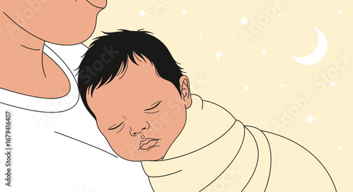 Serene Newborn, Swaddled, Sleeping Peacefully Beside A Parent At Night With Stars