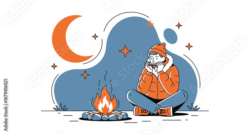 Serene Night: Enjoying Music by the Campfire Under the Starry Sky Illustration