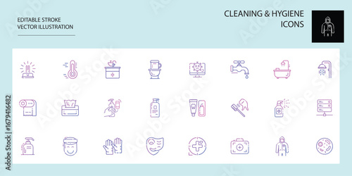 Collection of cleaning and hygiene icons for professional use isolated on white background