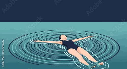 Serene Relaxation: A Woman Floats Effortlessly on Water Under Calm Skies