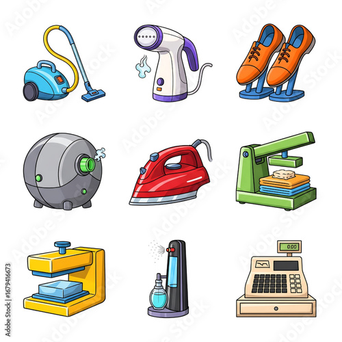 Collection of Household Cleaning and Garment Care Appliances Illustrations