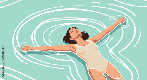 Serene Woman Floating on a Pool With Open Arms, Relaxing in Still Water