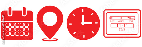 Set of four black icons representing location time calendar and bell isolated. Address. time, and date icon vector. Event elements. Address. time, and date icon vector. Event elements isolated map pin