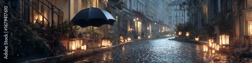 Parisian Rain-Soaked Jazz Moment with Lantern Reflections and Cobblestone moody palette umbrella jazz glowing lanterns poetic energy wet city romance