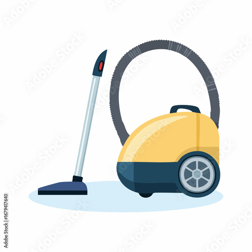 A bright yellow canister vacuum cleaner with a long hose and nozzle, depicted in a clean vector cartoon style. A symbol of household chores, domestic cleaning, and hygiene