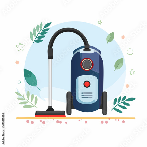 Modern canister vacuum cleaner illustration for household cleaning chores, surrounded by fresh green leaves representing eco-friendly living