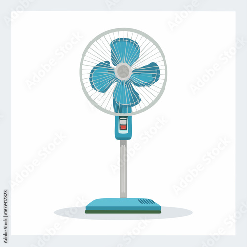 Classic blue pedestal fan illustration, a household electric appliance for cooling air and providing a refreshing breeze on hot summer days