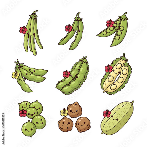 Charming Kawaii Vegetable Illustrations Featuring Peas, Beans, and Gourds in a Whimsical Style