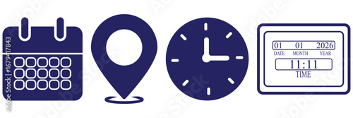 Set of four black icons representing location time calendar and bell isolated. Address. time, and date icon vector. Event elements. Address. time, and date icon vector. Event elements map pin 2026