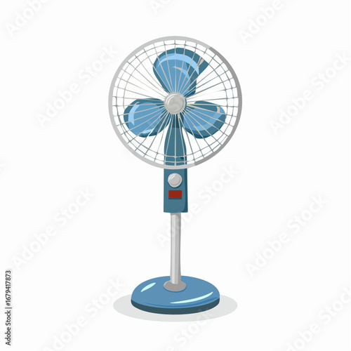 Vector illustration of a blue electric floor fan, a classic household appliance for air circulation and cooling during hot summer days. Isolated on white