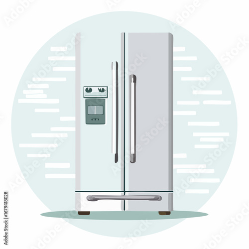 A flat design vector illustration of a modern household refrigerator. This kitchen appliance features side-by-side doors, a bottom freezer, and an ice dispenser