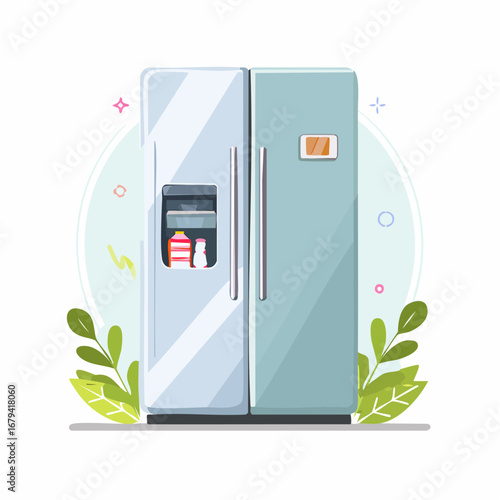 Stylish vector graphic of a modern double-door refrigerator with a water dispenser, representing home kitchen convenience and food preservation
