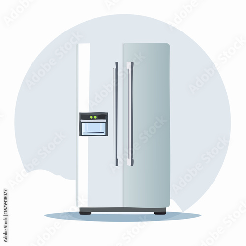 Sleek and functional household refrigerator illustration, depicting a side-by-side model equipped with an ice and water dispenser, symbolizing modern kitchen convenience