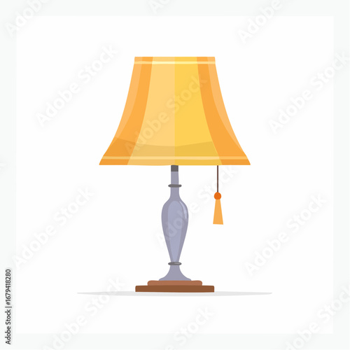 A classic table lamp with a warm yellow lampshade and an elegant base, an icon of cozy home interior lighting and decoration