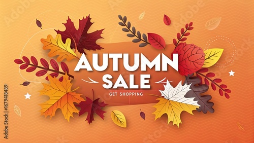 Autumn sale promotion with colorful leaves and decorative branches, perfect for seasonal marketing campaigns