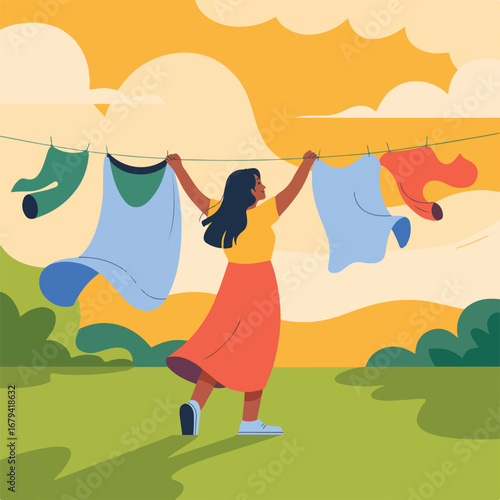 Woman hanging laundry on clothesline in backyard on a sunny day
