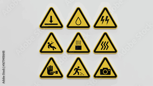 Nine Yellow Warning Triangle Signs Featuring Safety and Hazard Pictograms warning signs safety symbols