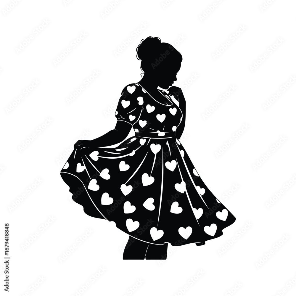 Fototapeta premium Silhouette of a woman in a heart patterned dress twirling girl hearts