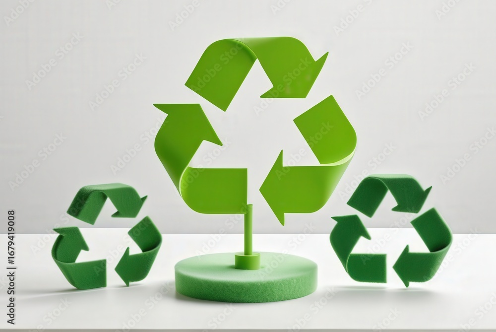 Obraz premium recycling symbols, three fluffy arranged on a white surface with green decorative objects, symbolizing eco-friendly and sustainable concepts.