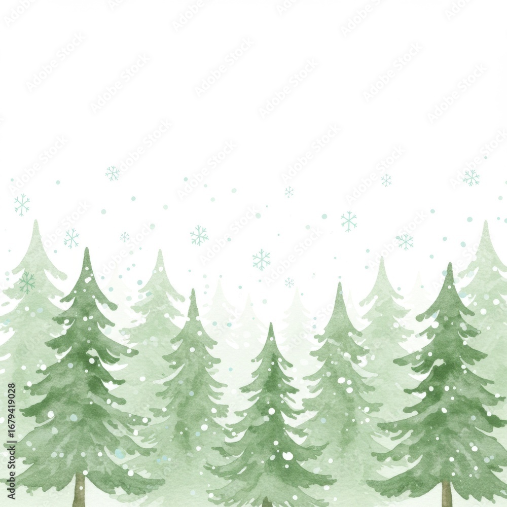 Fototapeta premium Watercolor Winter Pine Trees with Falling Snow on a White Background