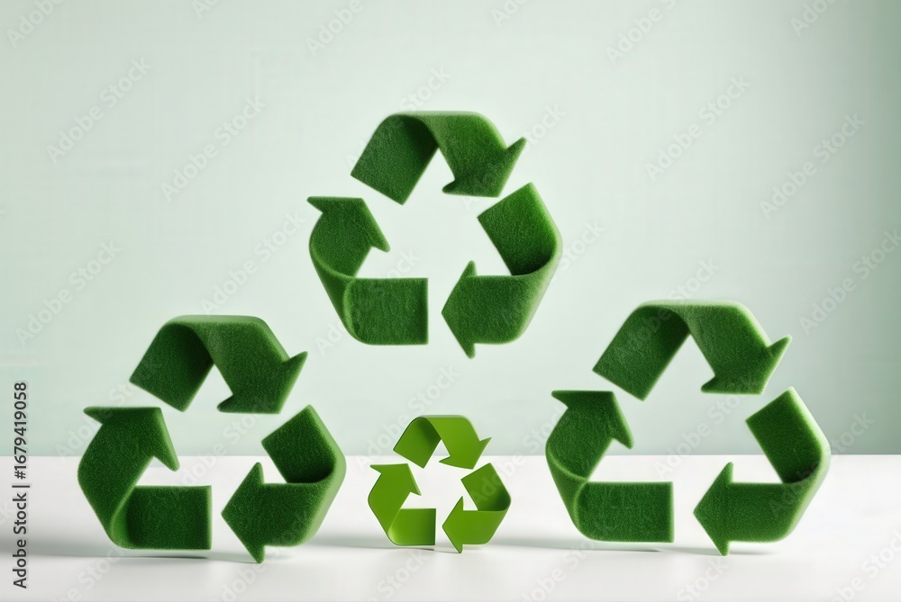 Fototapeta premium recycling symbols, three fluffy with green decor pieces, promoting recycling, eco-consciousness, and environmental protection.
