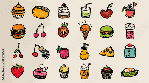 Illustration of various cartoon food items on a beige background.