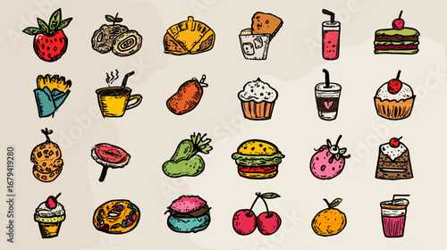 Illustration of various cartoon food items on a beige background.