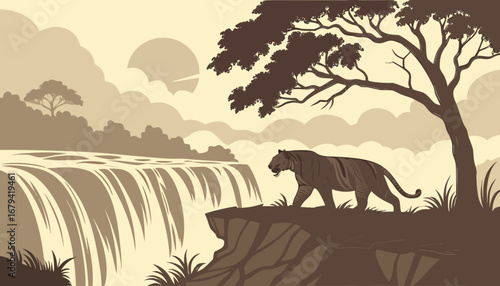 "A vector art of lone tiger walking along the edge of a misty waterfall, early morning fog, dramatic golden sunlight breaking through clouds, ultra-detailed cinematic wildlife photography, high-resolu