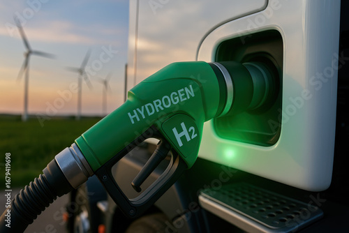 Green hydrogen pump nozzle refueling heavy vehicle at station with wind turbine farm in background during sunset, sustainable energy concept and clean transportation