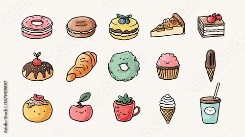 Illustration of various cartoon food items on a beige background.