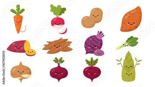 A cheerful set of cute kawaii root vegetable characters. This collection includes smiling cartoon illustrations of carrot, radish, potato, and beet, perfect for children's designs