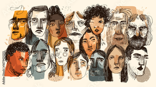 Abstract illustration of diverse faces with various expressions.